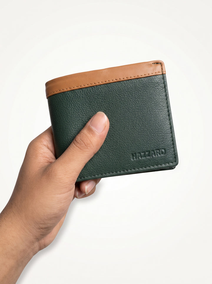 Two-Tone Genuine Leather Wallet with Zipper Coin Pocket - Brown & Navy Blue