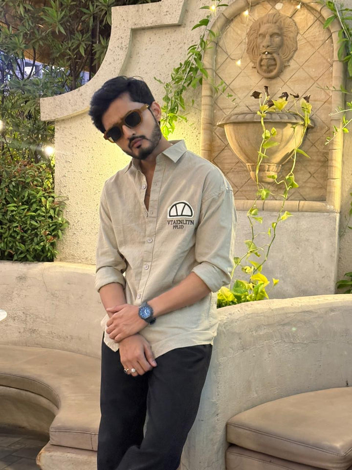 100% Linen Cotton Khaki Embroidery Pattern Relax Fit Shirt