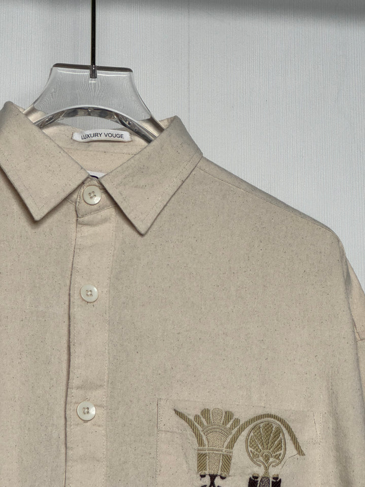 100% Linen Cotton Beige Egyptian Embroidery Relax Fit Shirt