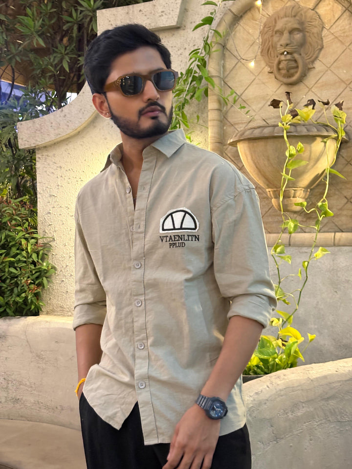 100% Linen Cotton Khaki Embroidery Pattern Relax Fit Shirt
