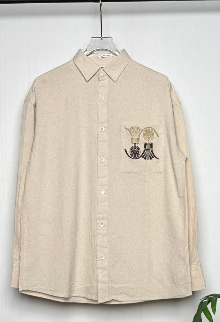 100% Linen Cotton Beige Egyptian Embroidery Relax Fit Shirt