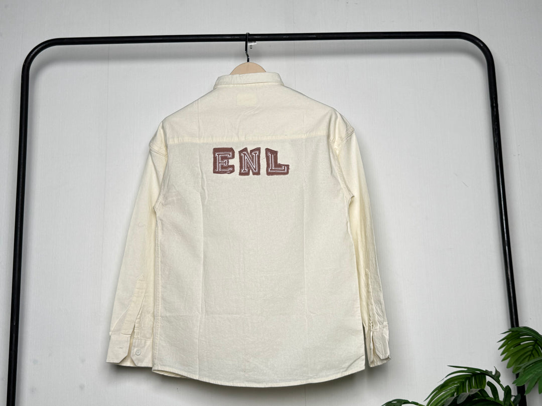 100% Linen Cotton Ivory Embroidery Pattern Relax Fit Shirt