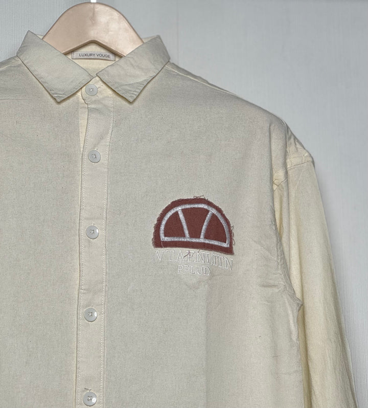 100% Linen Cotton Ivory Embroidery Pattern Relax Fit Shirt