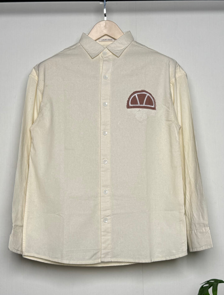 100% Linen Cotton Ivory Embroidery Pattern Relax Fit Shirt