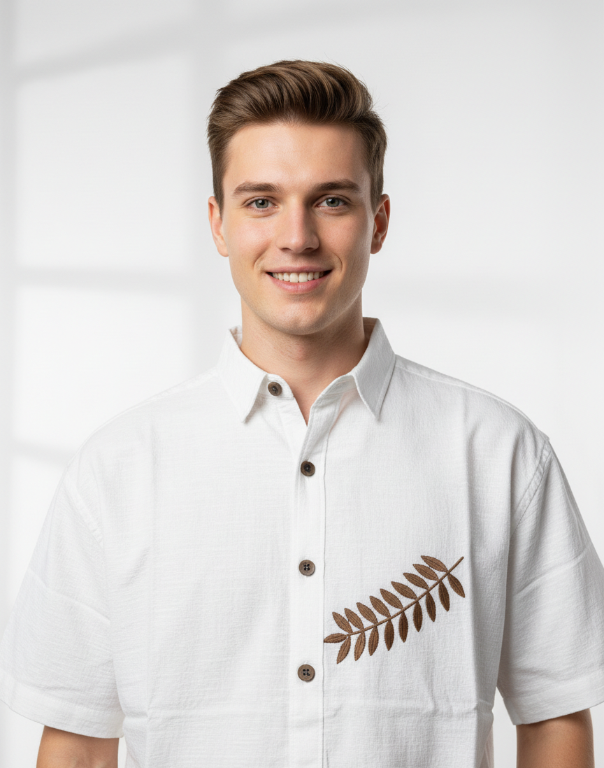 100% Cotton Box Fit Embroidered White Half Sleeve Shirt