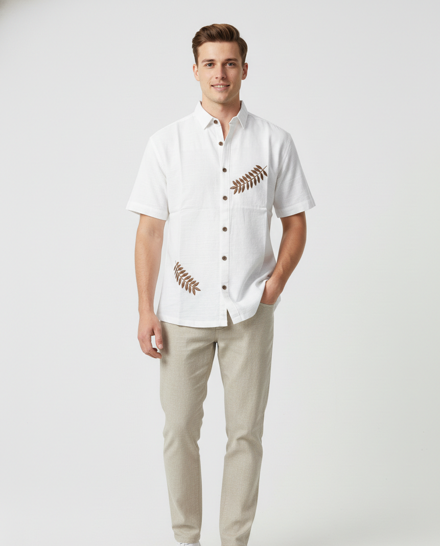 100% Cotton Box Fit Embroidered White Half Sleeve Shirt