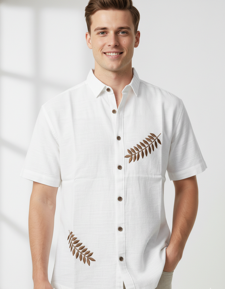 100% Cotton Box Fit Embroidered White Half Sleeve Shirt
