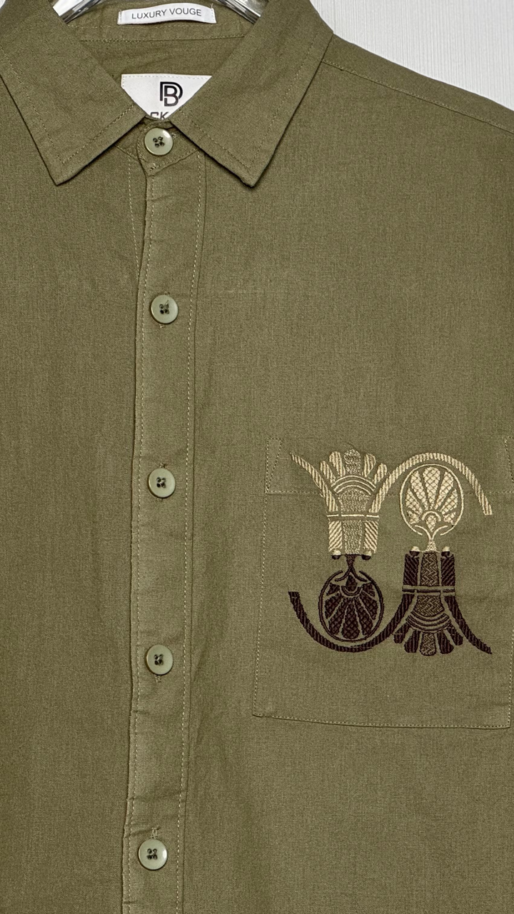 100% Linen Cotton Olive Egyptian Embroidery Relax Fit Shirt