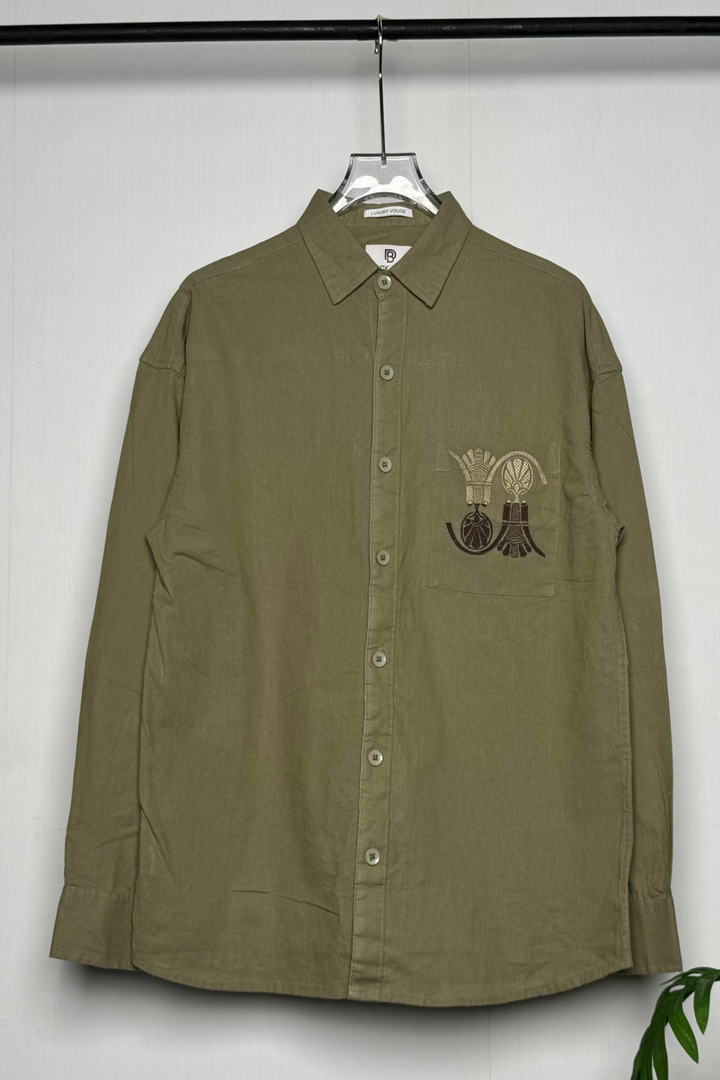 100% Linen Cotton Olive Egyptian Embroidery Relax Fit Shirt