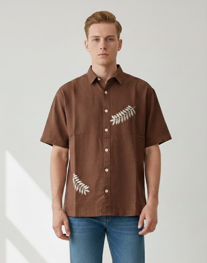 100% Cotton Box Fit Embroidered Brown Half Sleeve Shirt