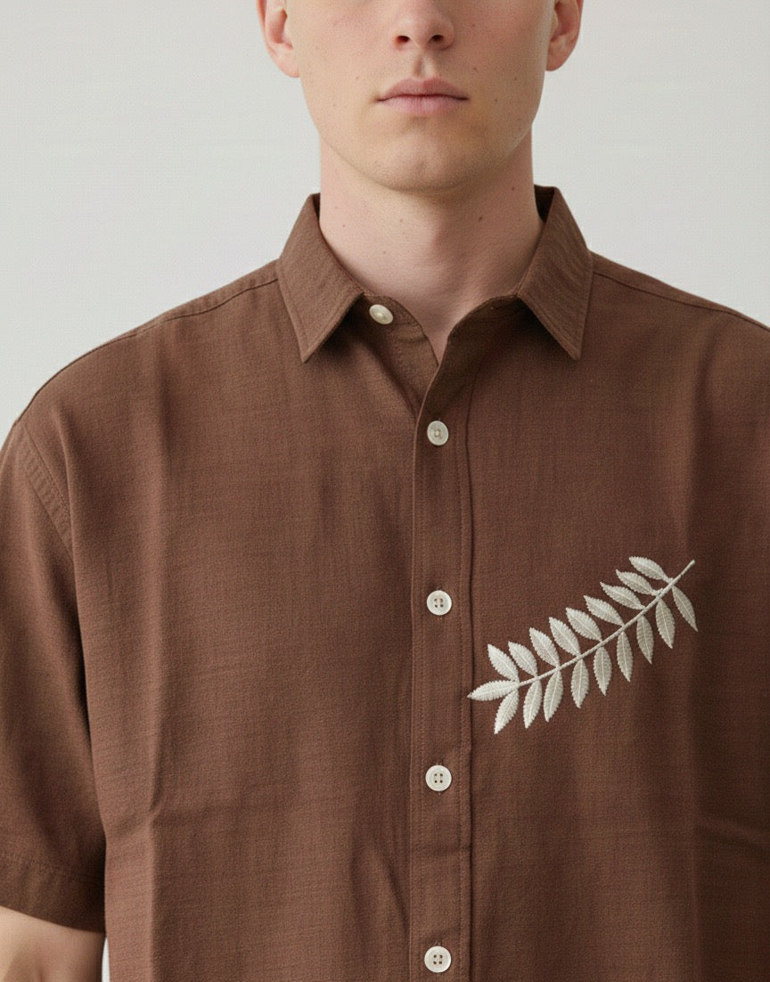 100% Cotton Box Fit Embroidered Brown Half Sleeve Shirt