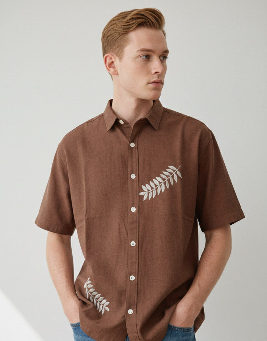 100% Cotton Box Fit Embroidered Brown Half Sleeve Shirt