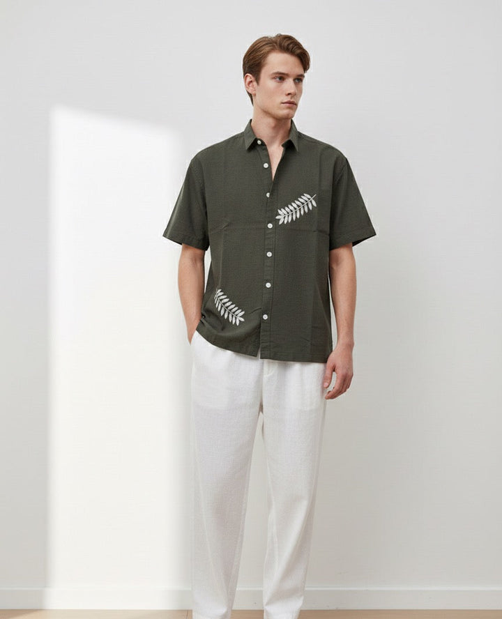 100% Cotton Box Fit Embroidered Green Half Sleeve Shirt