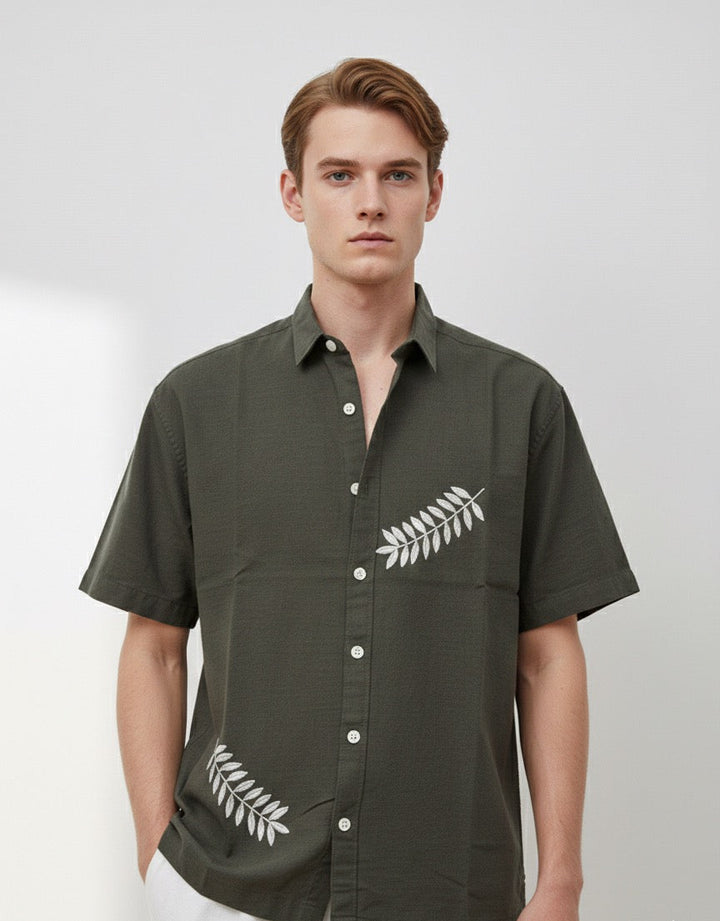 100% Cotton Box Fit Embroidered Green Half Sleeve Shirt