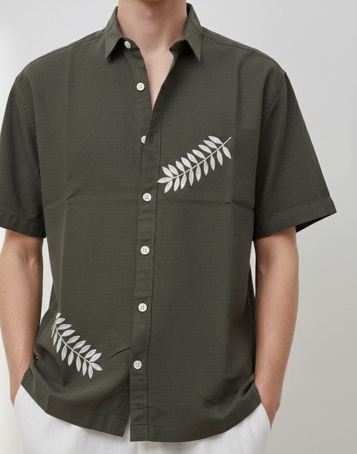 100% Cotton Box Fit Embroidered Green Half Sleeve Shirt