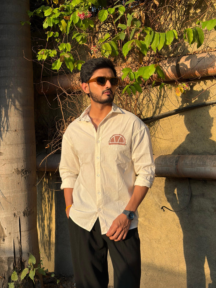 100% Linen Cotton Ivory Embroidery Pattern Relax Fit Shirt