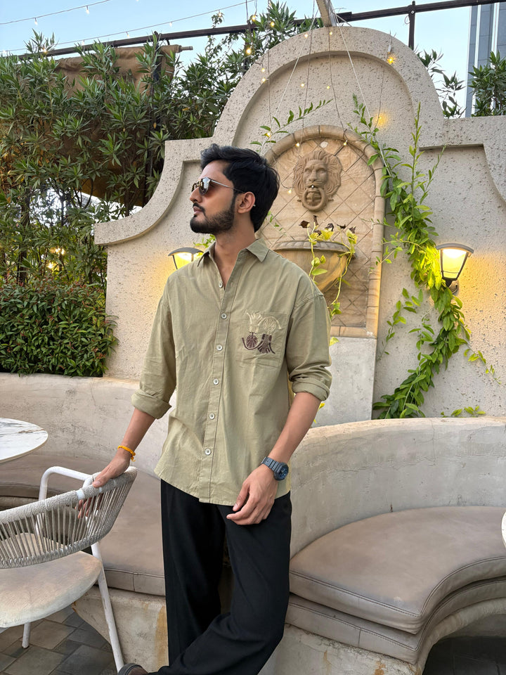 100% Linen Cotton Olive Egyptian Embroidery Relax Fit Shirt