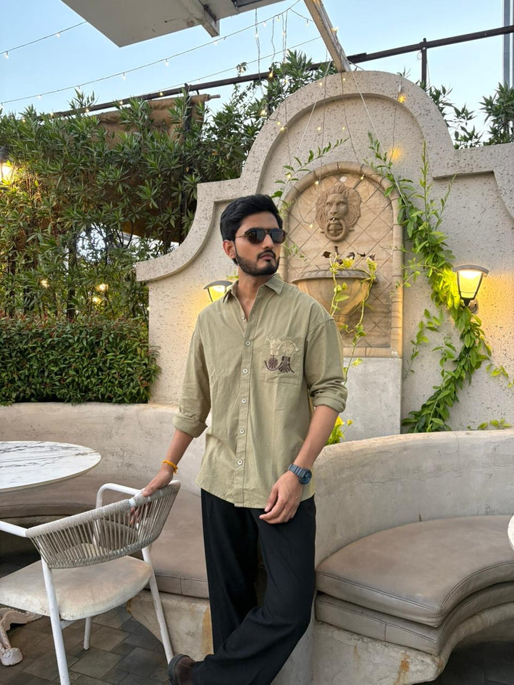 100% Linen Cotton Olive Egyptian Embroidery Relax Fit Shirt