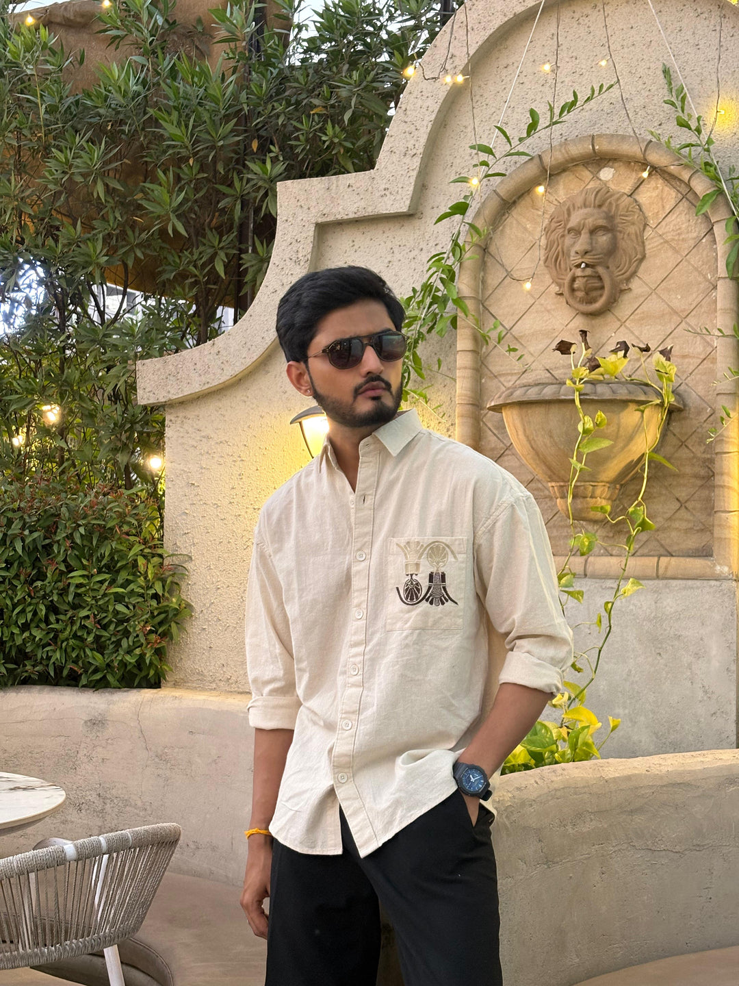 100% Linen Cotton Beige Egyptian Embroidery Relax Fit Shirt