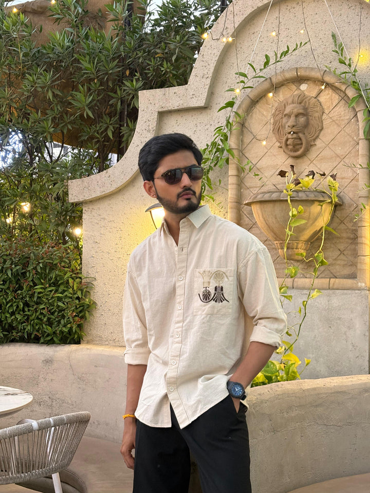 100% Linen Cotton Beige Egyptian Embroidery Relax Fit Shirt