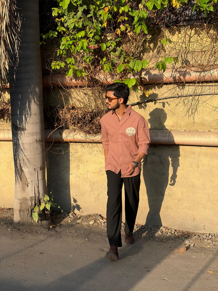 100% Linen Cotton Dusty Rose Embroidery Pattern Relax Fit Shirt