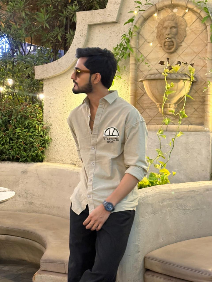 100% Linen Cotton Khaki Embroidery Pattern Relax Fit Shirt