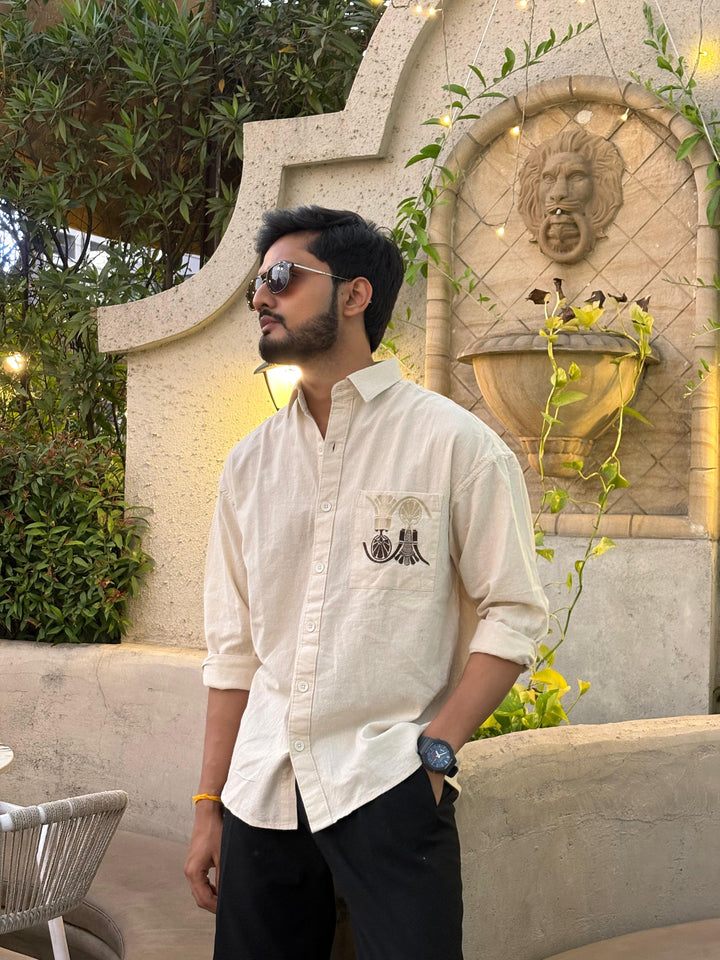 100% Linen Cotton Beige Egyptian Embroidery Relax Fit Shirt