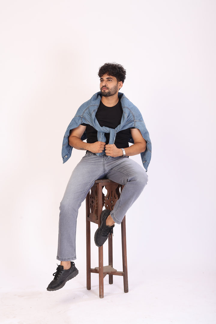 Silver Grey Tailored Fit Denim Jeans For Men