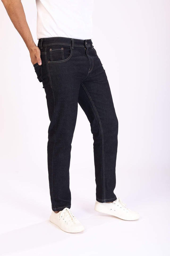 Blue Raw Wash Tailored Fit Denim Jeans For Men